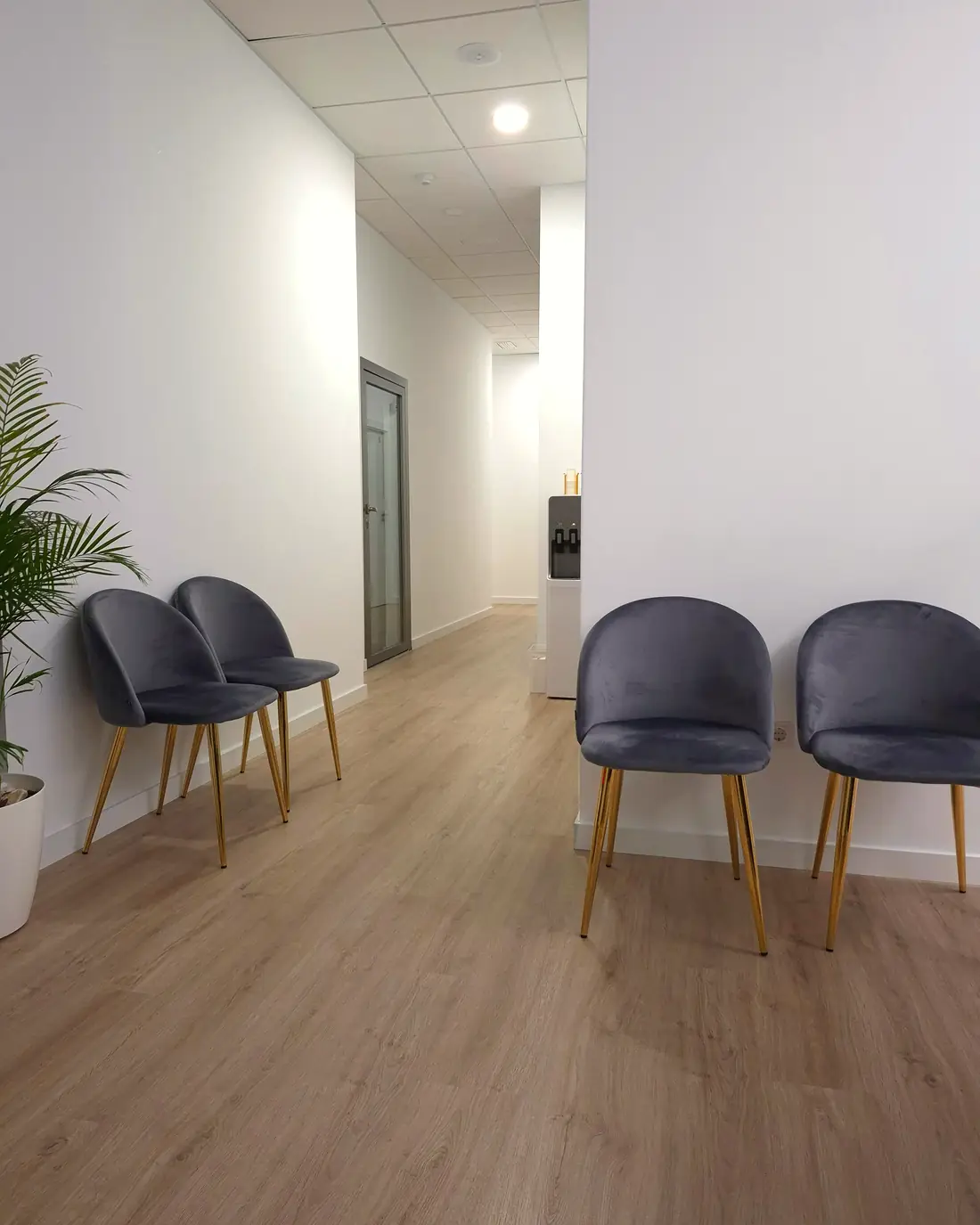 Une salle d’attente : quatre fauteuils le long d’un mur clair, un couloir au fond